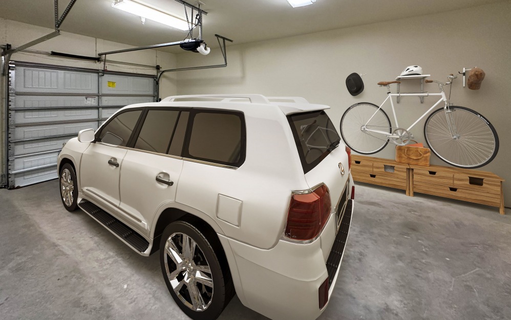 Apartment garage with a parked white Lexus and a bicycle hanging on the wall