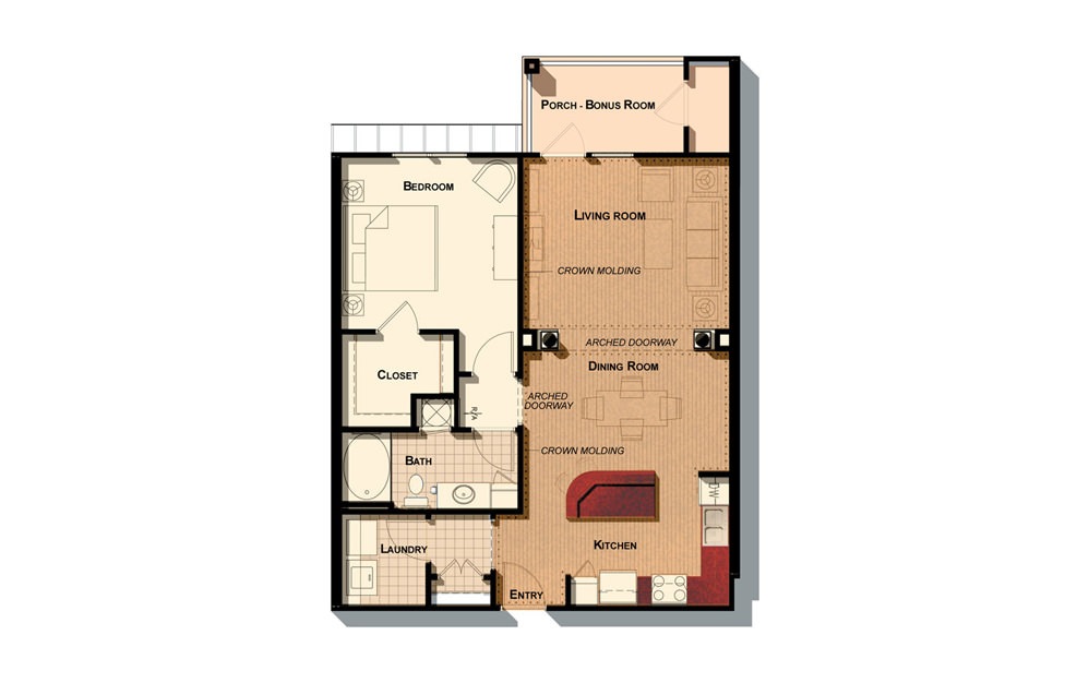 A1 - 1 bedroom floorplan layout with 1 bath and 908 square feet.