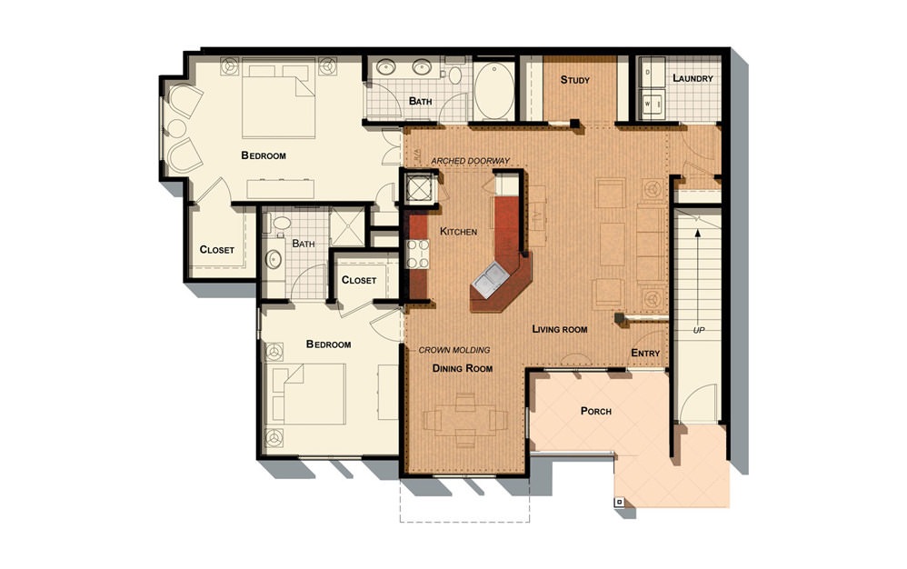B3 - 2 bedroom floorplan layout with 2 baths and 1275 square feet.