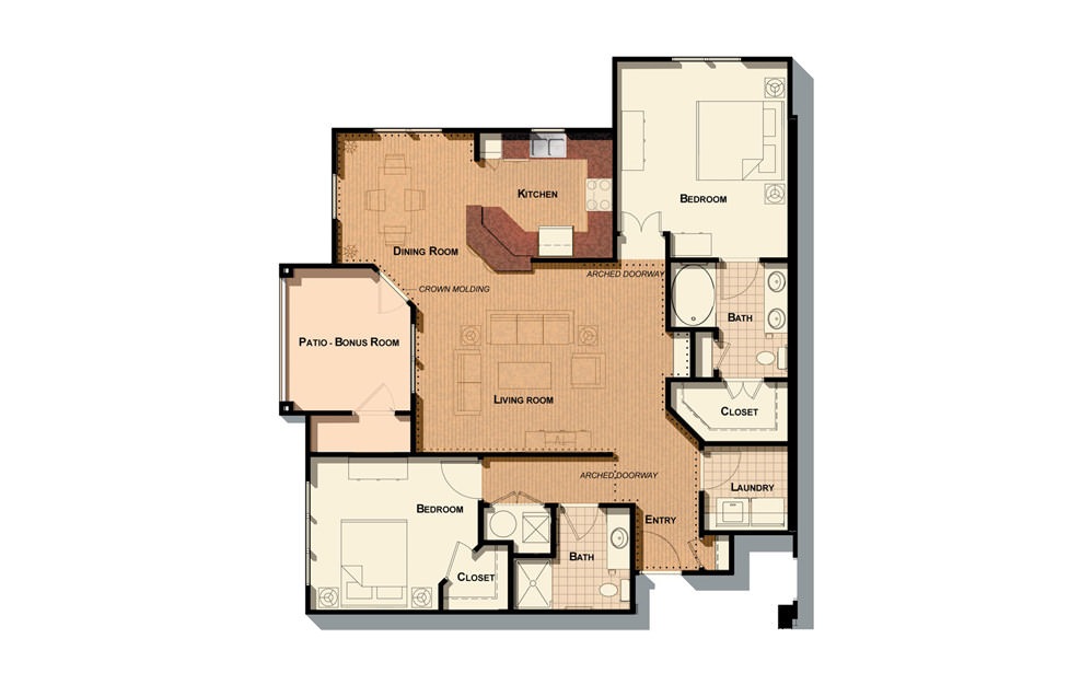 B5 - 2 bedroom floorplan layout with 2 baths and 1271 to 1374 square feet.