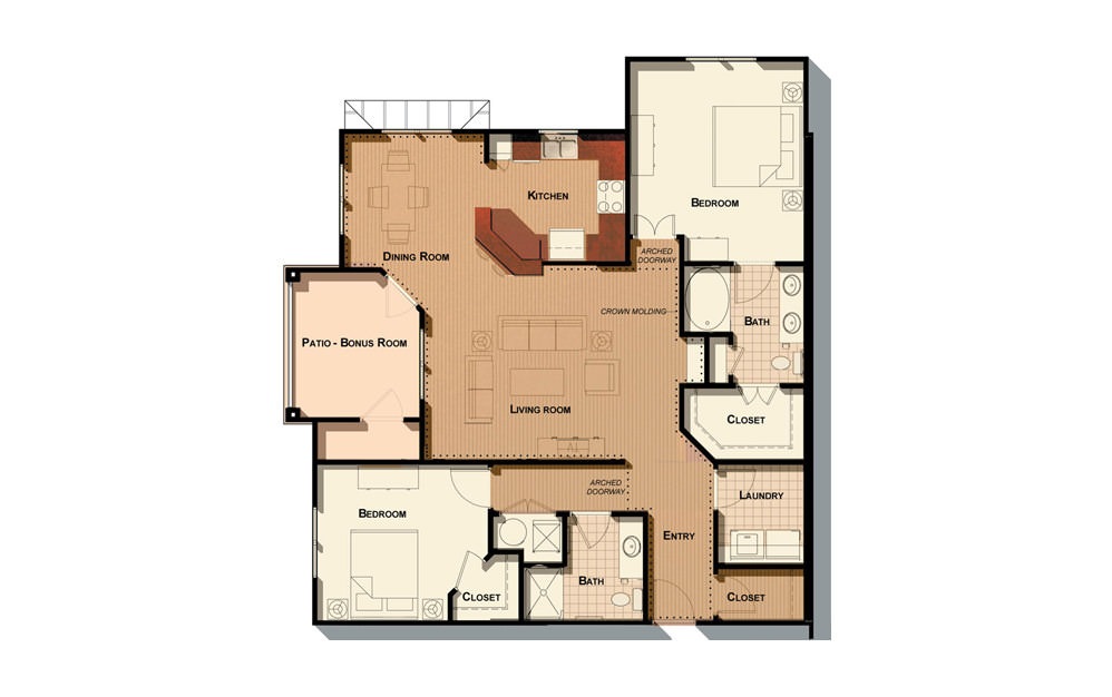 B7 - 2 bedroom floorplan layout with 2 baths and 1320 to 1423 square feet.